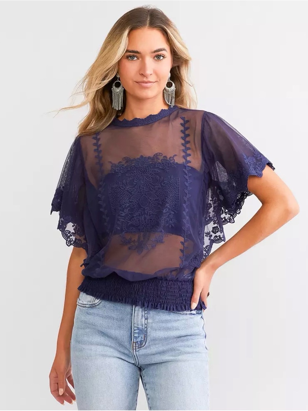 Daytrip Navy Sheer Embroidered Lace Blouse